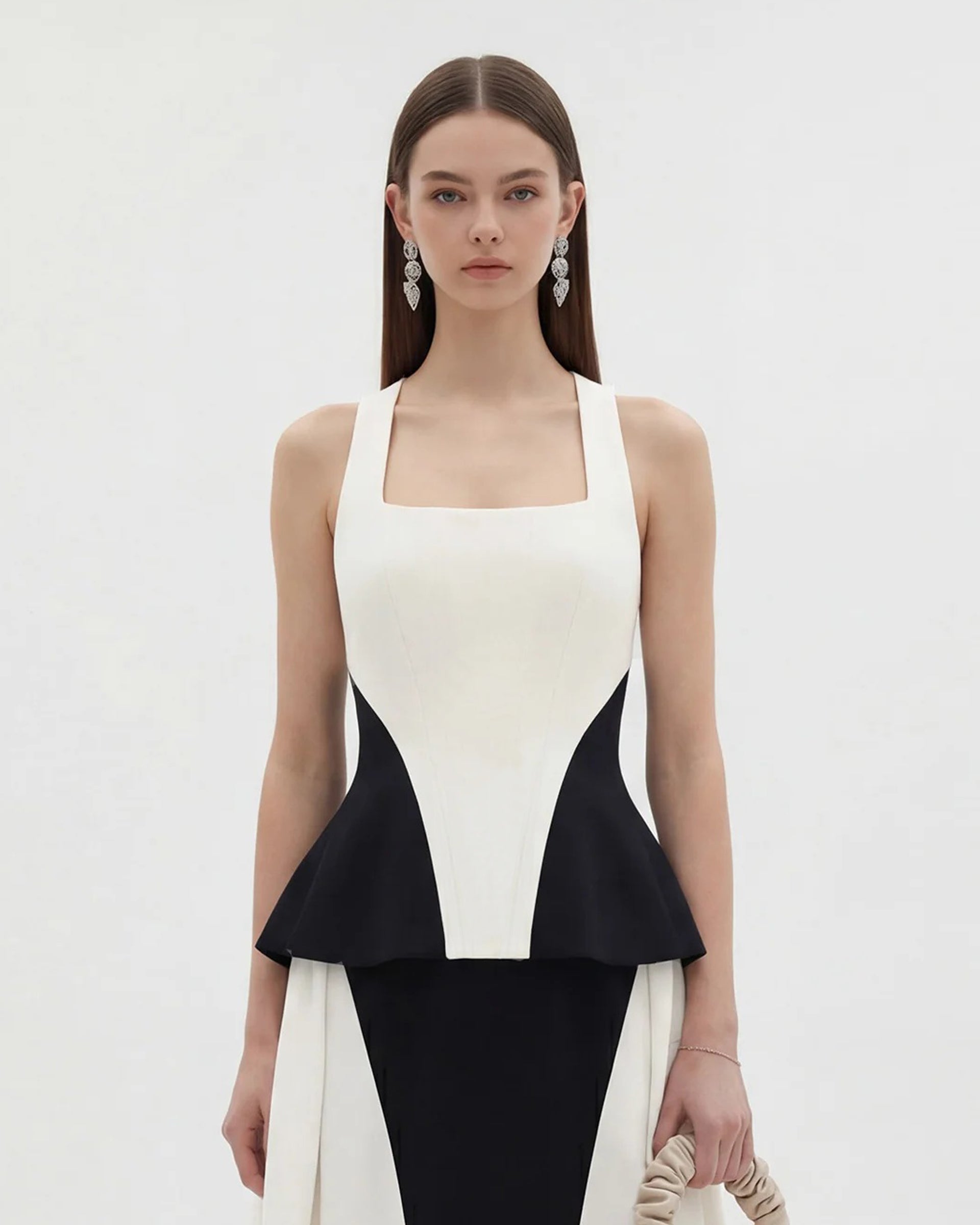 Monochrome Paneled Square-Neck Peplum Top - Black