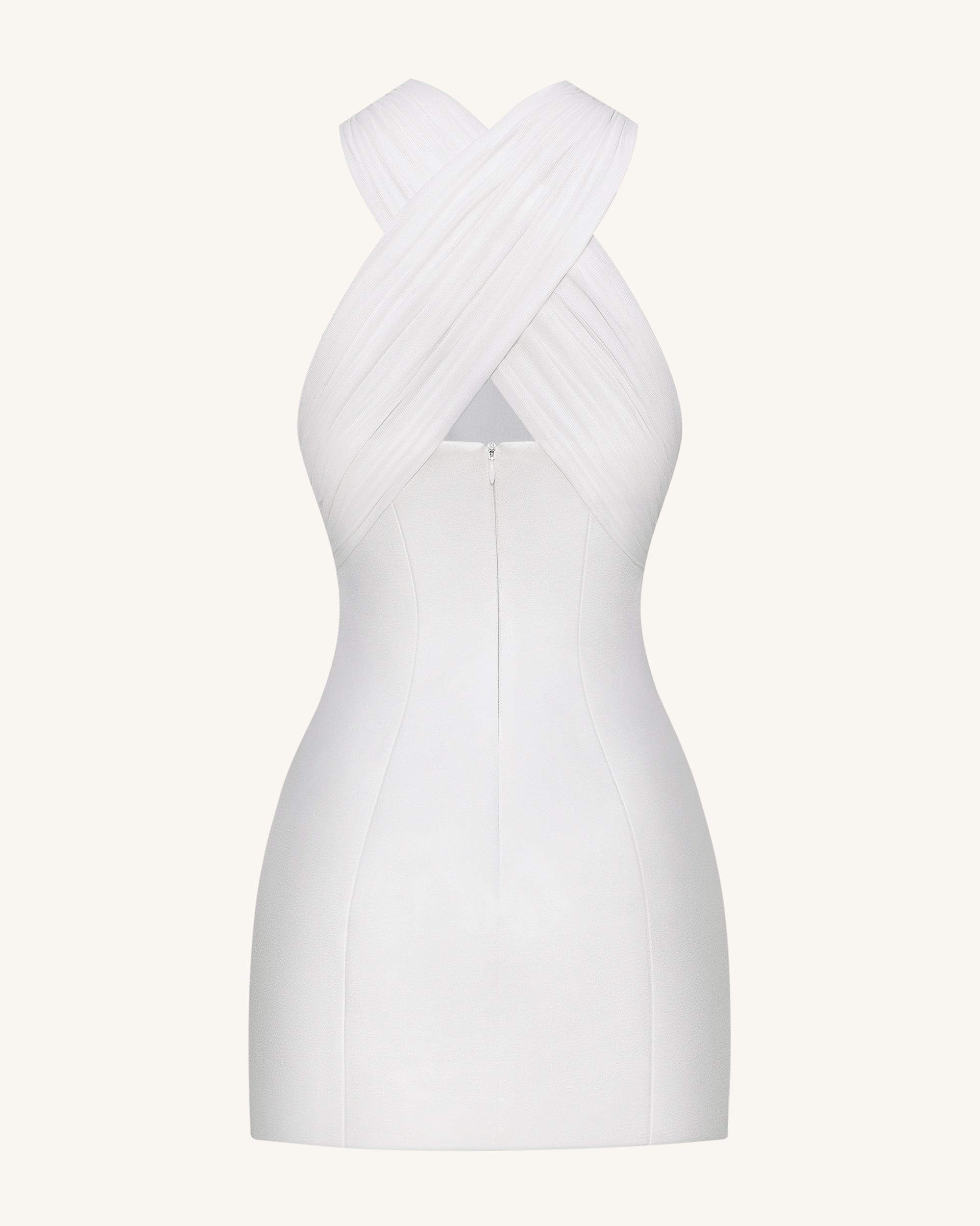 Satin Mini Dress with Tulle Cross-Halter - White