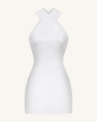 Satin Mini Dress with Tulle Cross-Halter - White