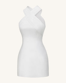 Satin Mini Dress with Tulle Cross-Halter - White