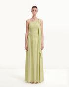 Ruched One-Shoulder Maxi Dress with Trailing Sash - Green
