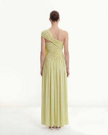 Ruched One-Shoulder Maxi Dress with Trailing Sash - Green