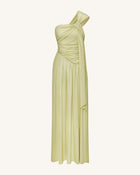 Ruched One-Shoulder Maxi Dress with Trailing Sash - Green