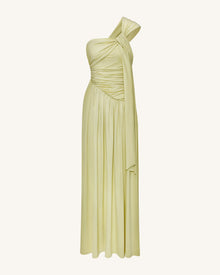 Ruched One-Shoulder Maxi Dress with Trailing Sash - Green
