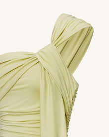 Ruched One-Shoulder Maxi Dress with Trailing Sash - Green