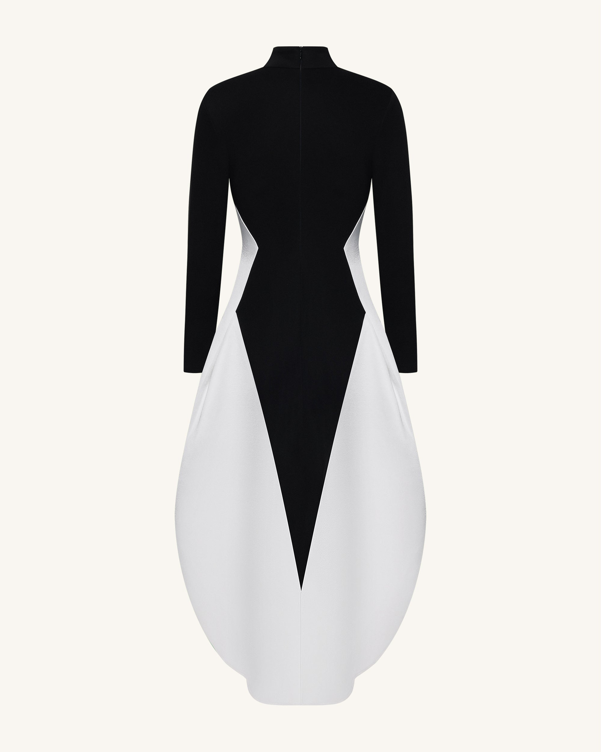 Monochrome Paneled Long-Sleeve Maxi Dress - Black