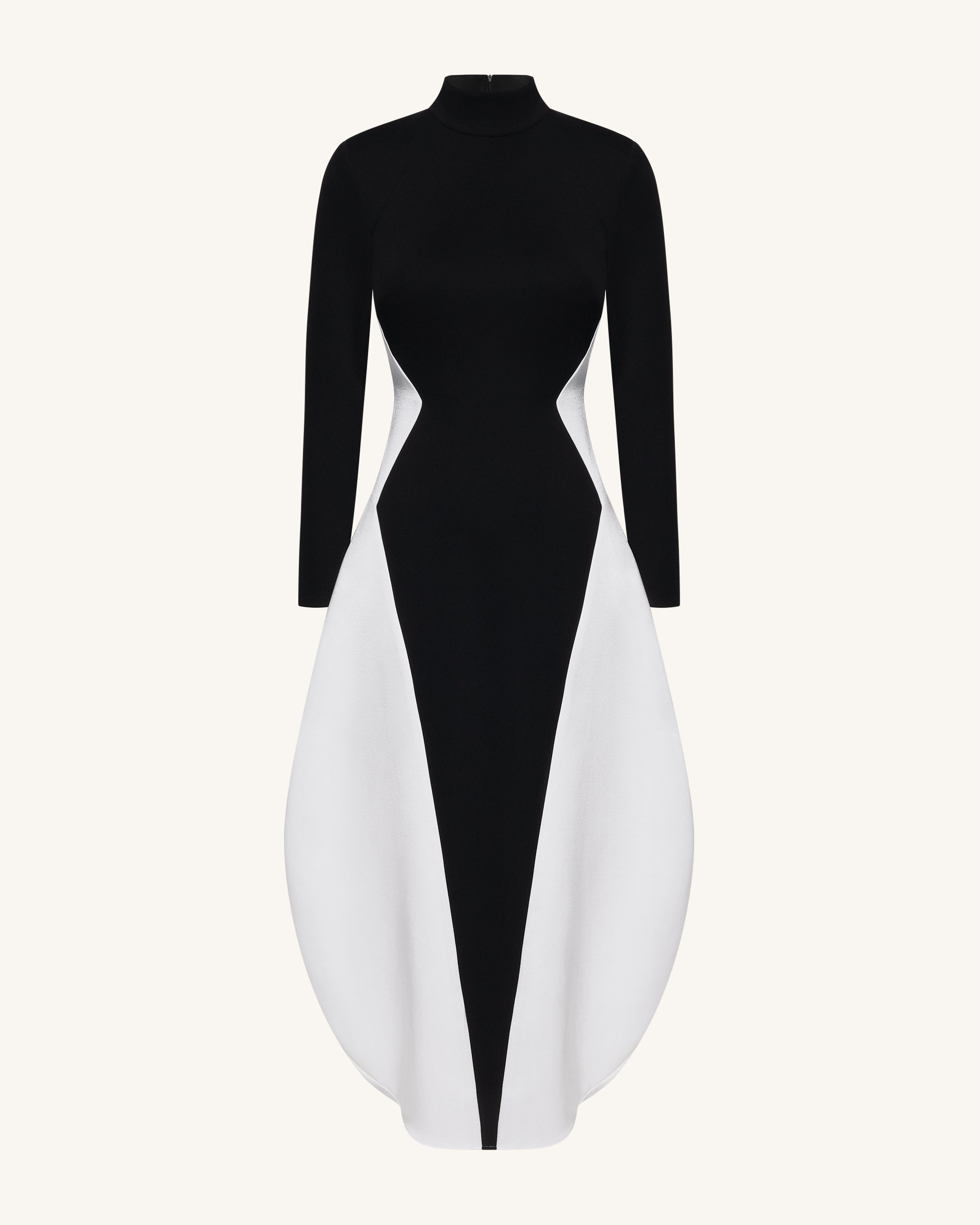 Monochrome Paneled Long-Sleeve Maxi Dress - Black