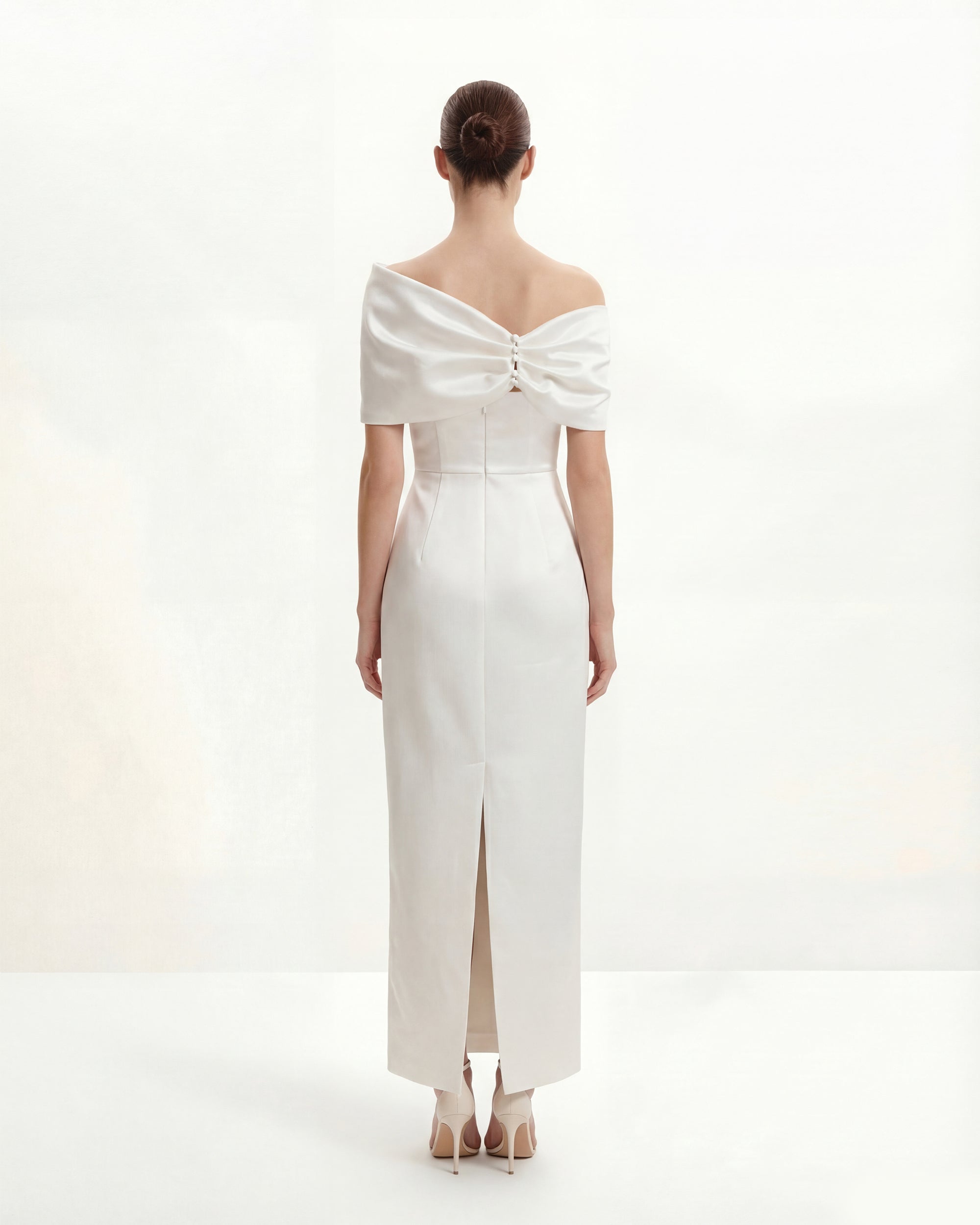 Satin Asymmetric Bow Maxi Dress - White