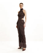 Ruched Twist-Front Halter Bodysuit - Brown
