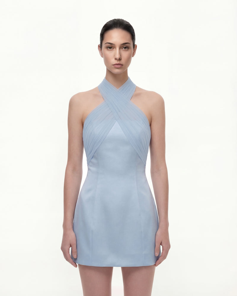 Satin Mini Dress with Tulle Cross-Halter - Blue