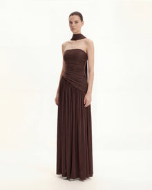 Ruched Panel Strapless Maxi Dress - Brown