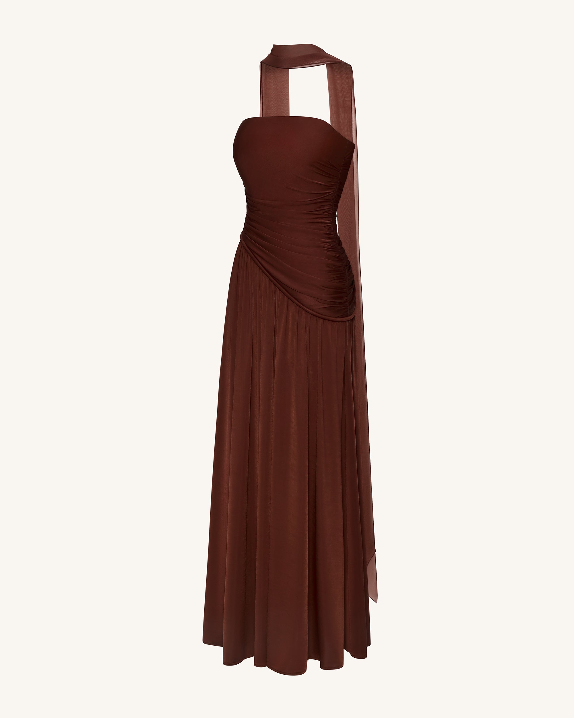 Ruched Panel Strapless Maxi Dress - Brown