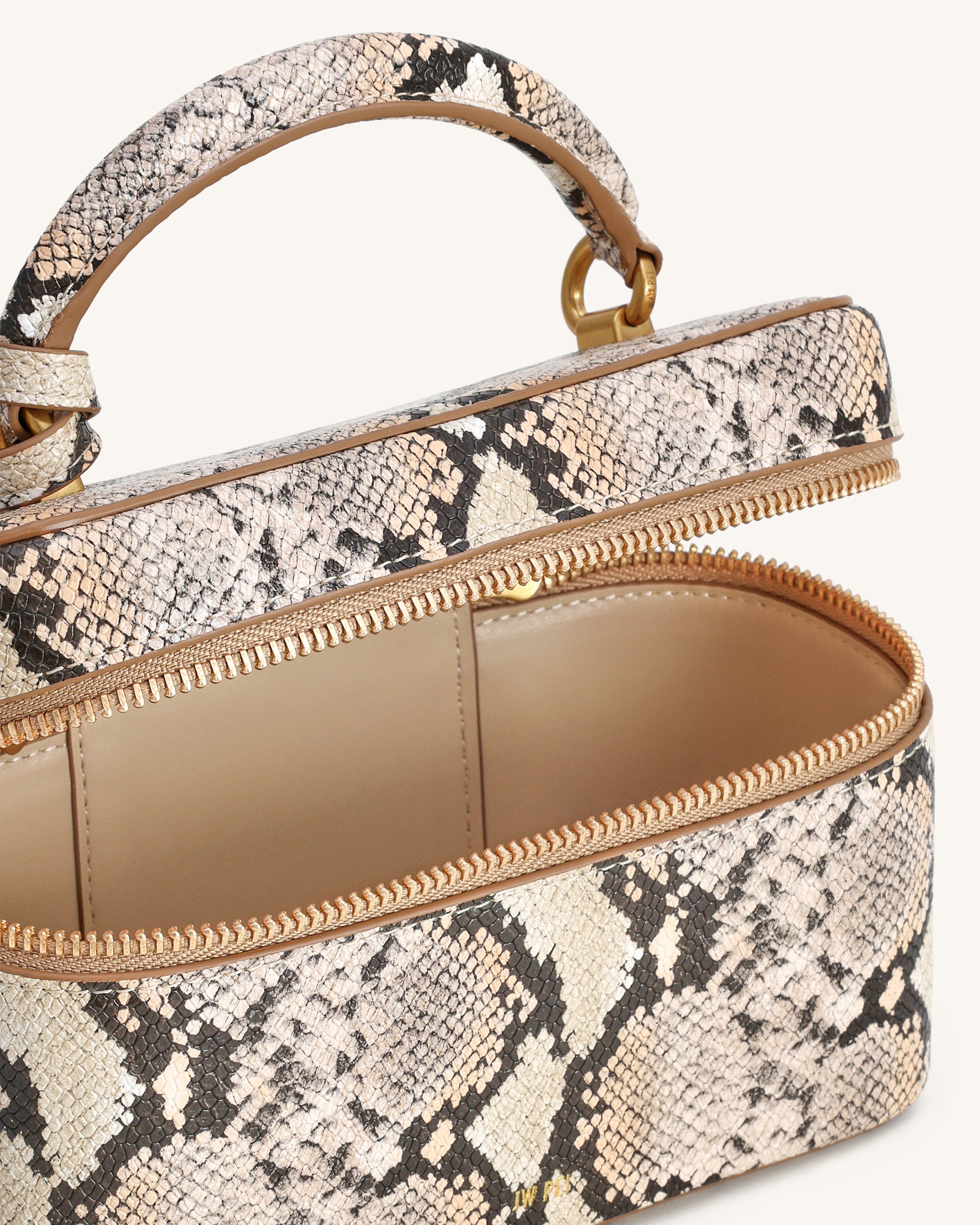 Cleo Snake-Embossed Box Shape Top Handle Bag - Beige