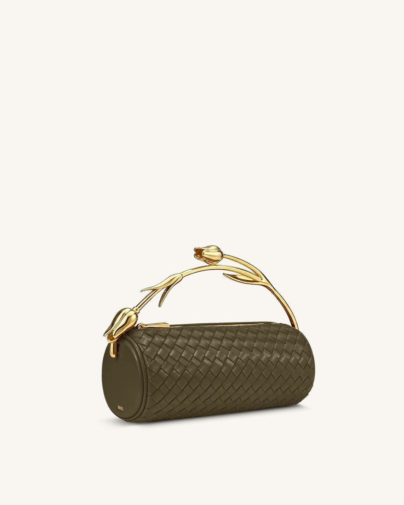 Elara Tulip Shaped Metal Handle Woven Top Handle Bag - Olive Green