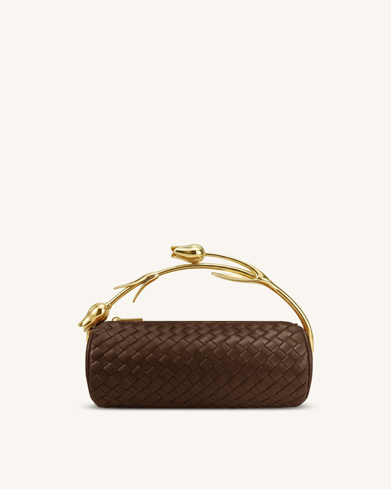 Elara Tulip Shaped Metal Handle Woven Top Handle Bag - Dark Brown