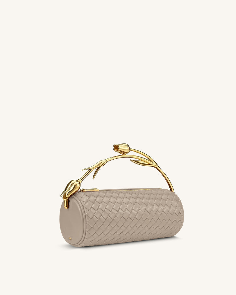 Elara Tulip Shaped Metal Handle Woven Top Handle Bag - Beige