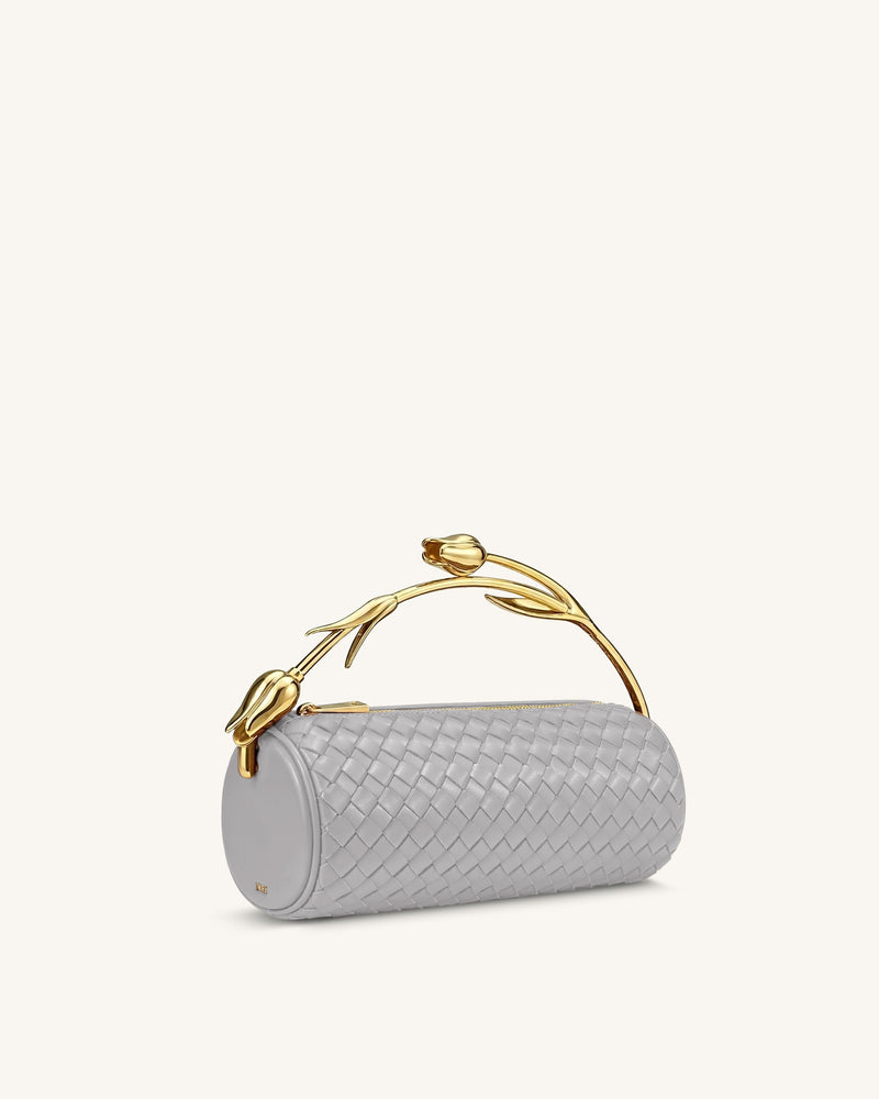 Elara Tulip Shaped Metal Handle Woven Top Handle Bag - Grey