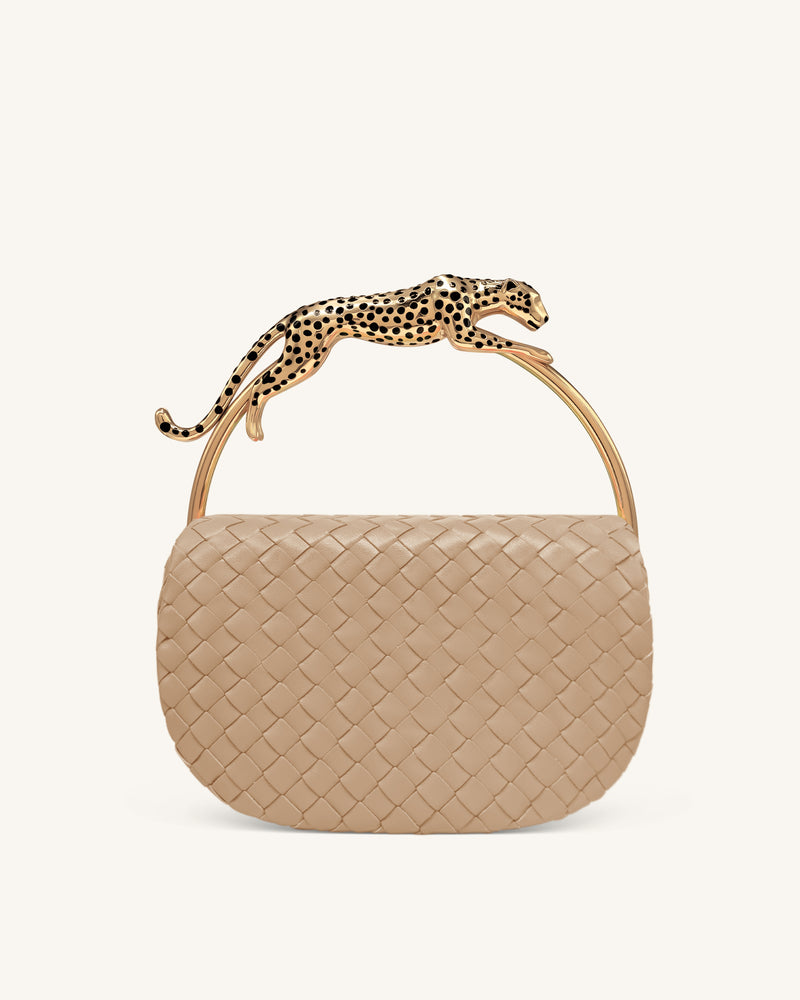 Ione Woven Leopard Shaped Top Handle Bag - Beige