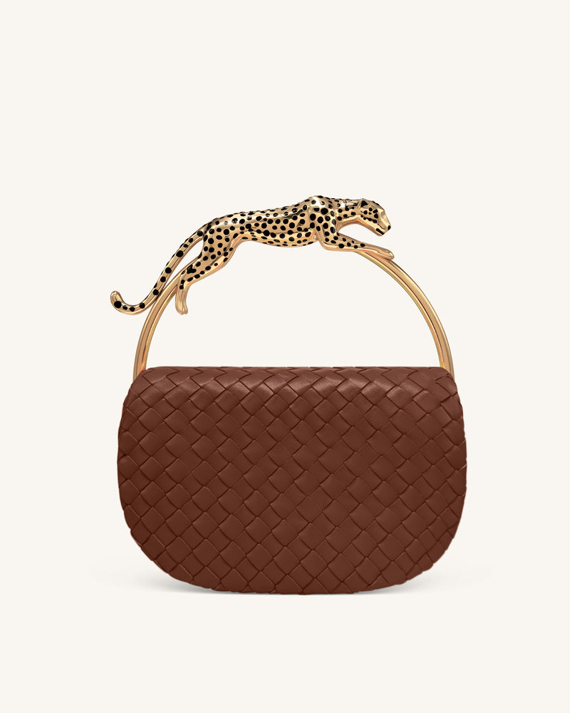 Ione Woven Leopard Shaped Top Handle Bag - Brown
