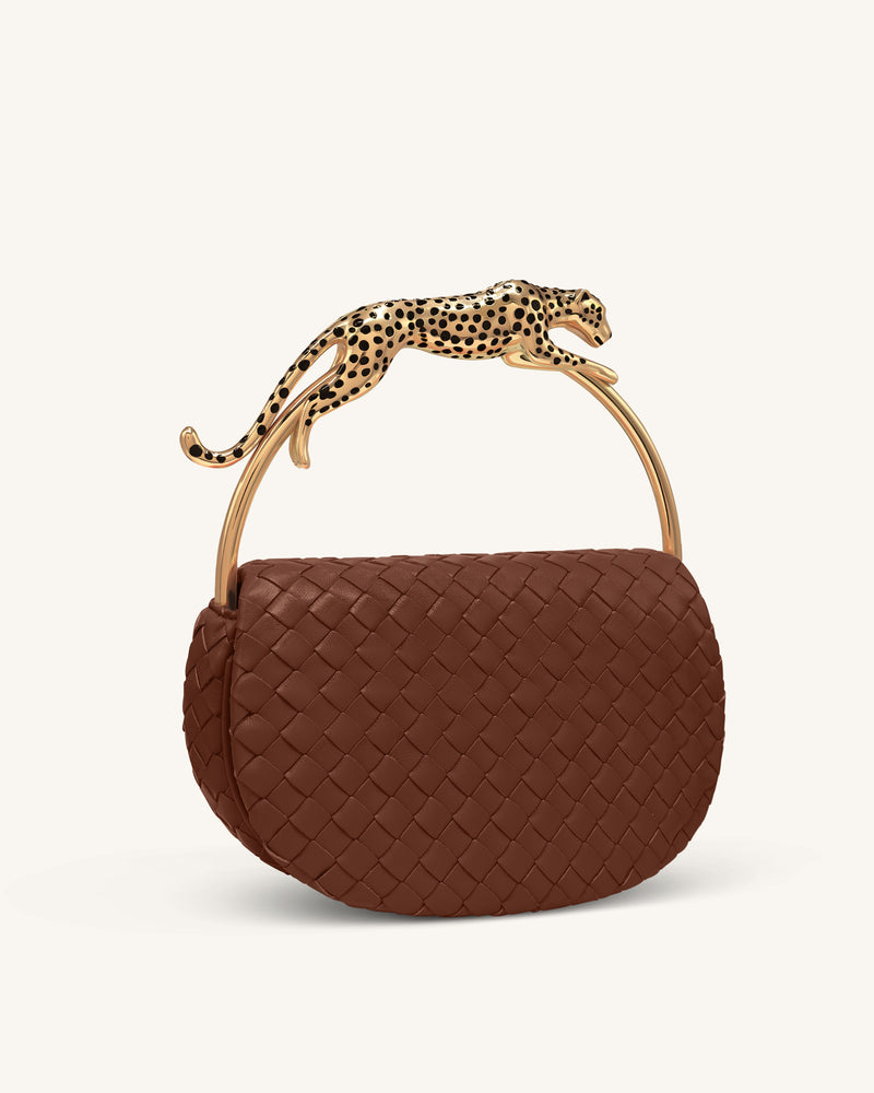 Ione Woven Leopard Shaped Top Handle Bag - Brown