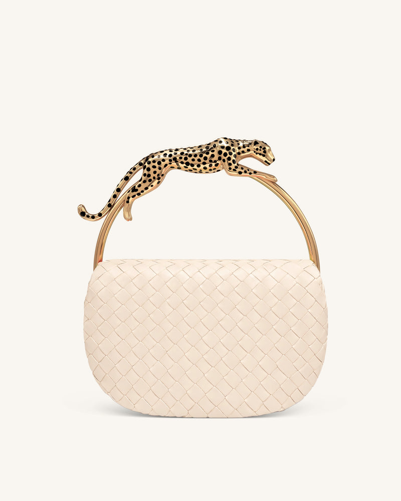 Ione Woven Leopard Shaped Top Handle Bag - Ivory