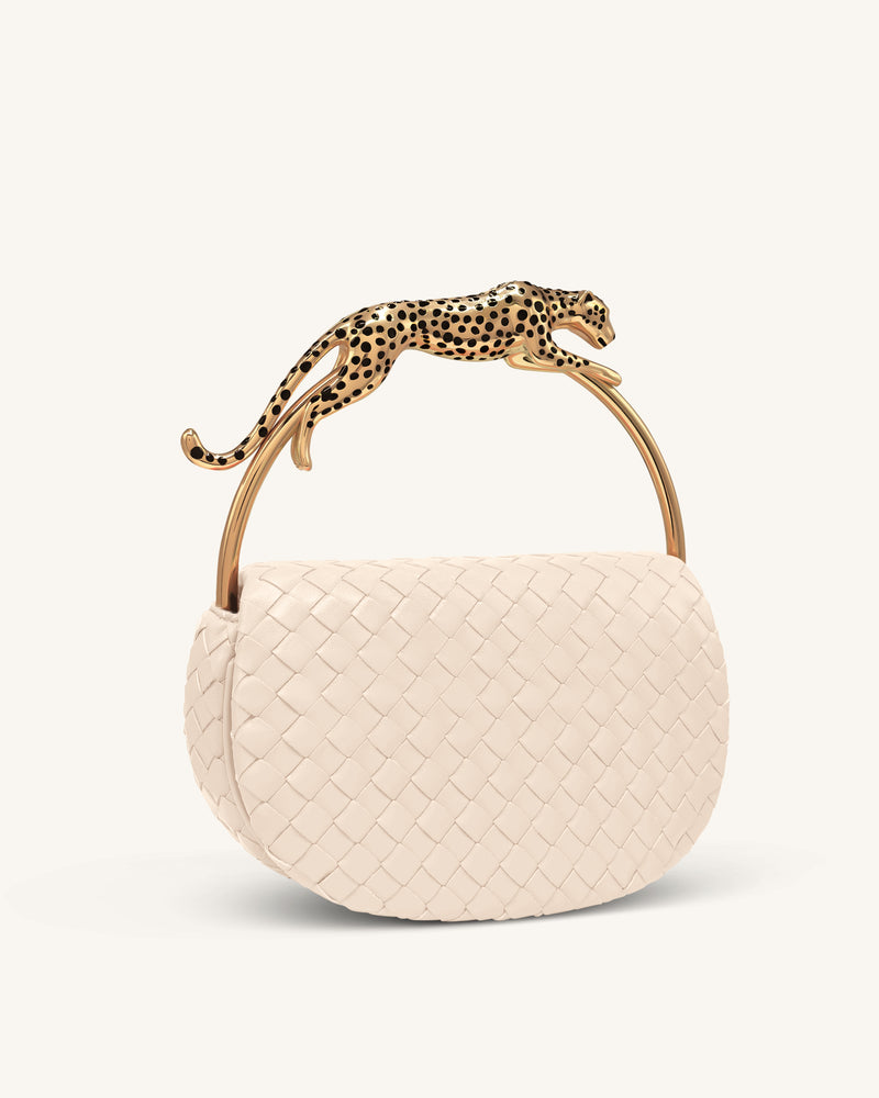 Ione Woven Leopard Shaped Top Handle Bag - Ivory