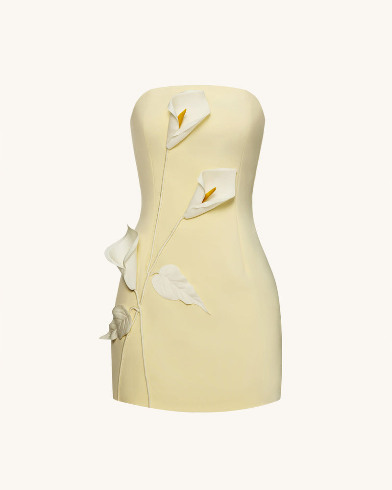 Strapless Floral Appliqué Dress - Yellow