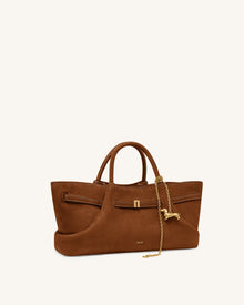 Maeve Dachshund Metal Charm Faux Suede Tote Bag - Brown