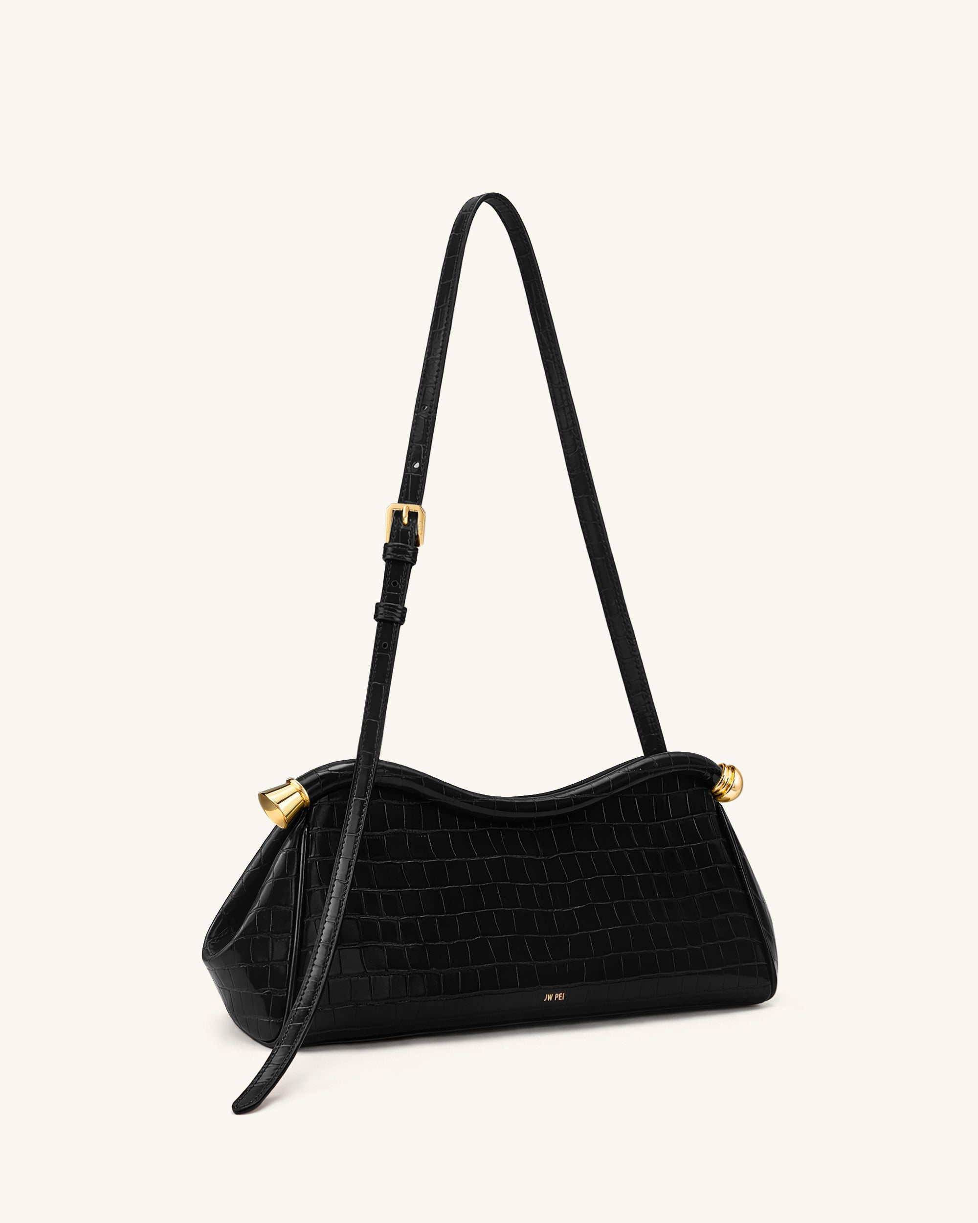 Naomi Curved Shoulder Bag - Black Croc