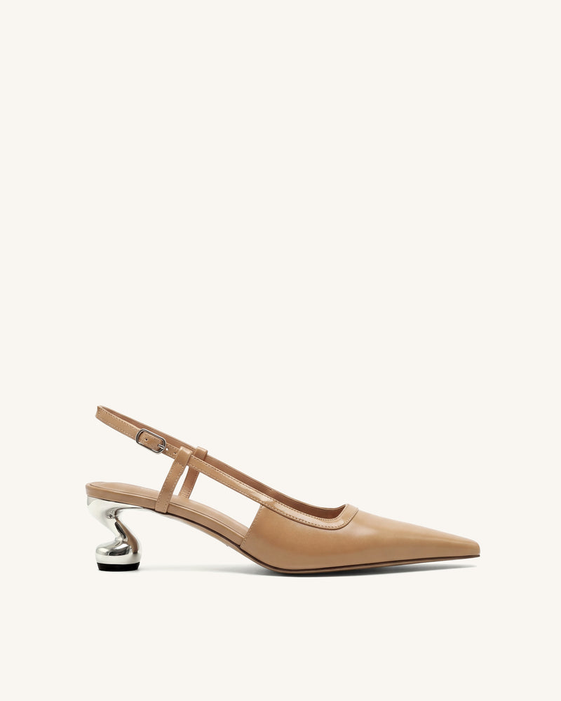 Hannah Sculptural Heel T-Strap Slingback Pumps - Khaki