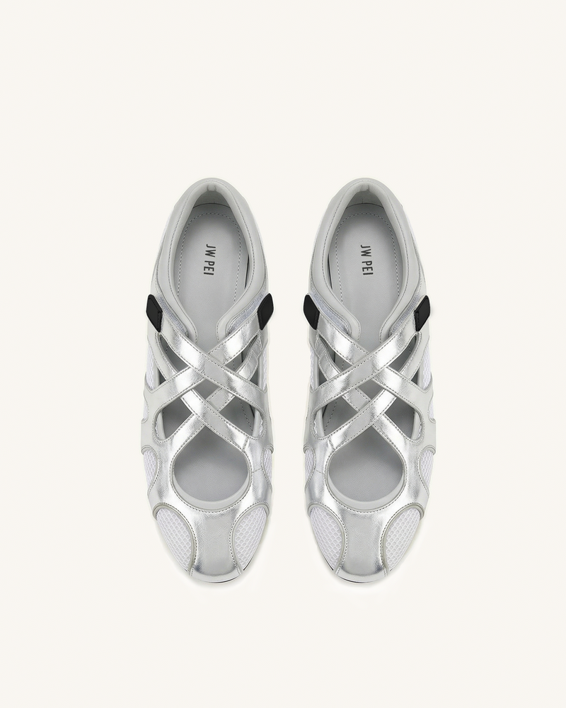 Thalia Mesh Panel Multi-Strap Ballet Flats - Silver