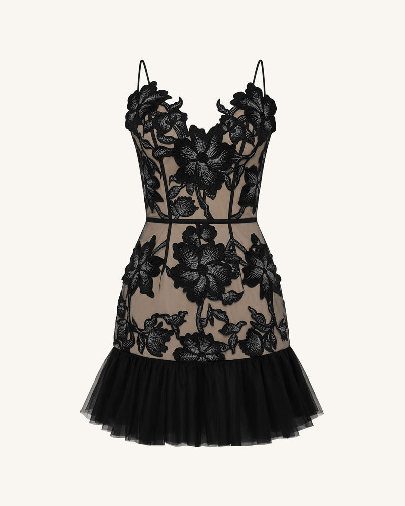 Floral Sling Mini Dress - Black