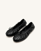 Solenne Ruched Drawstring Ballet Flats - Black
