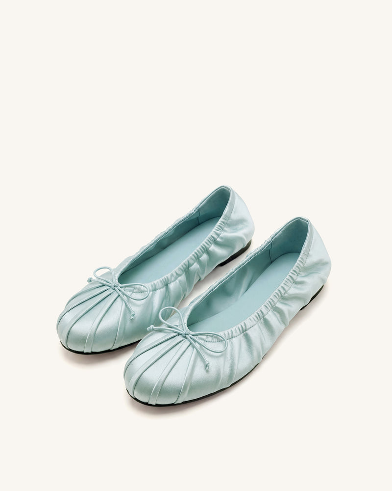 Solenne Ruched Drawstring Satin Ballet Flats - Blue