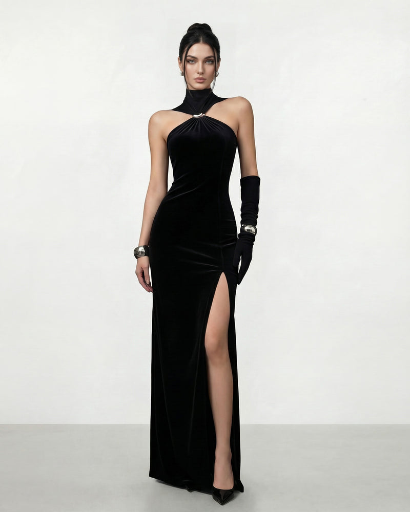 Halter Neck High Slit Dress - Black