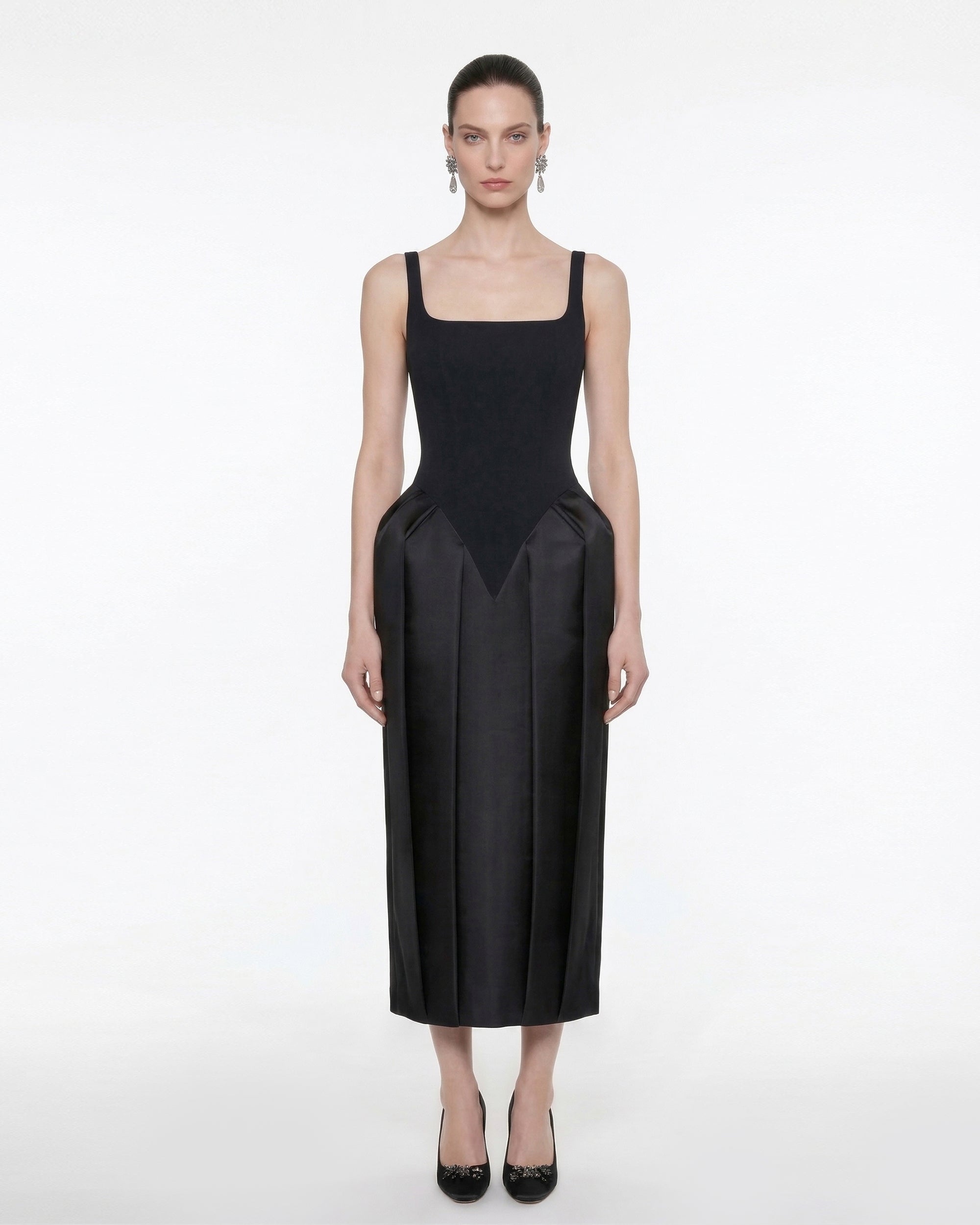 Square Neck Pannier Midi Dress - Black