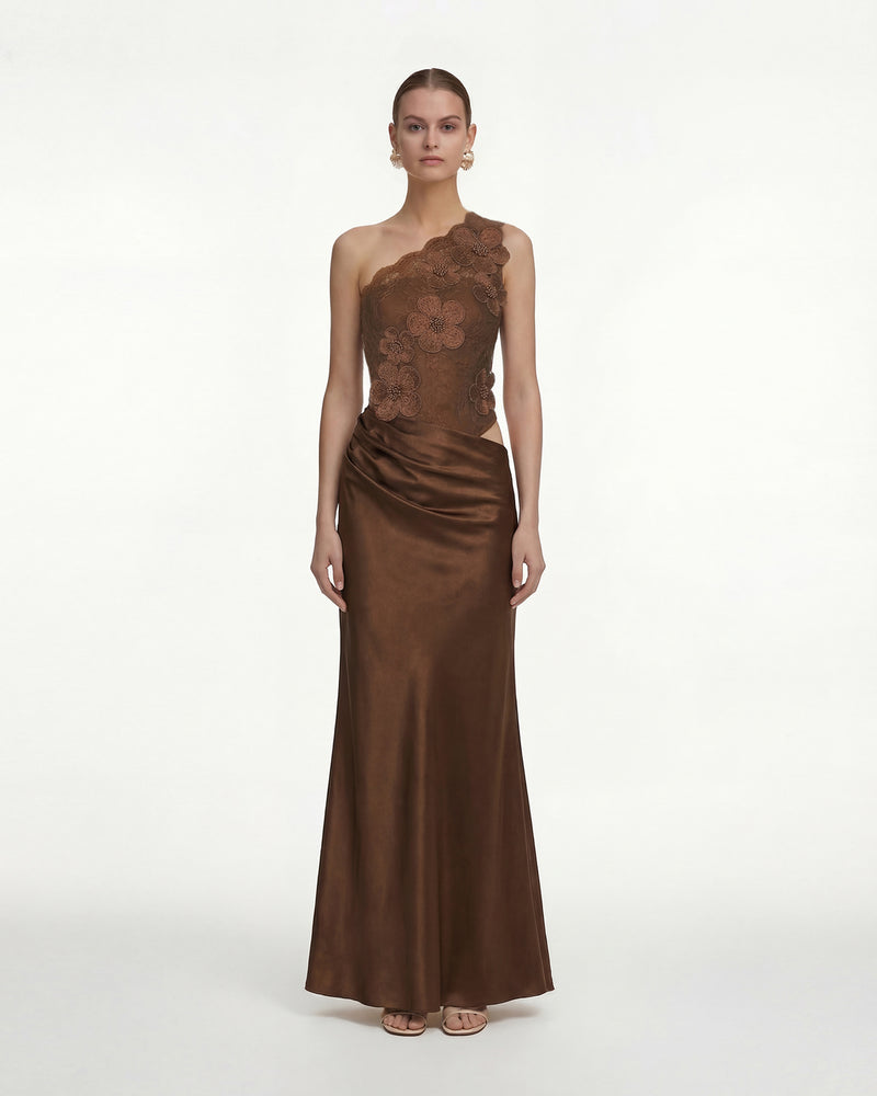 Floral One Shoulder Satin Dress - Brown