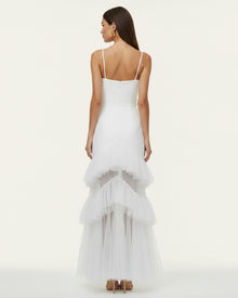 Orchid Embroidered Ruffled Tulle Strapless Maxi Dress - White