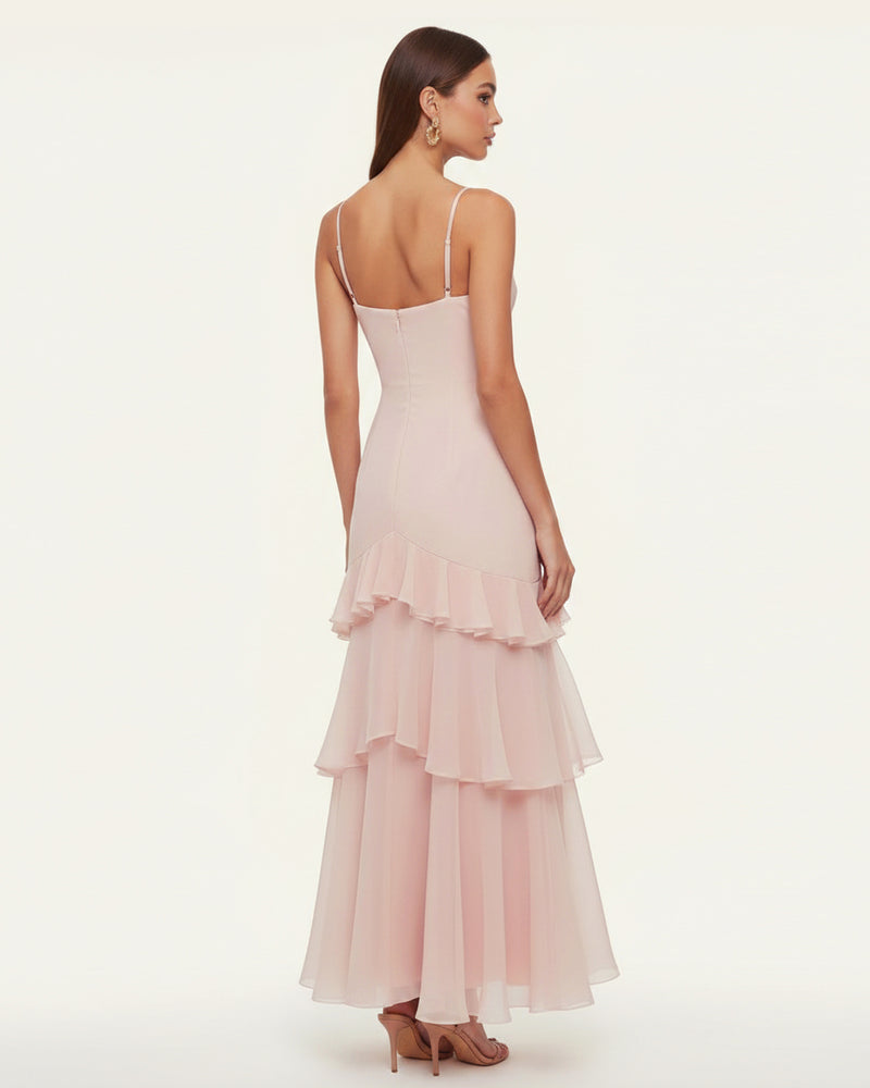 Orchid Embroidered Ruffled One-Shoulder Maxi Dress - Blush Pink