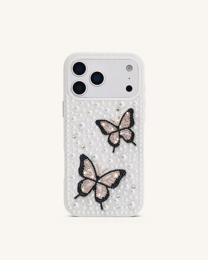 Butterfly Pearl Embellished Phone Case - White