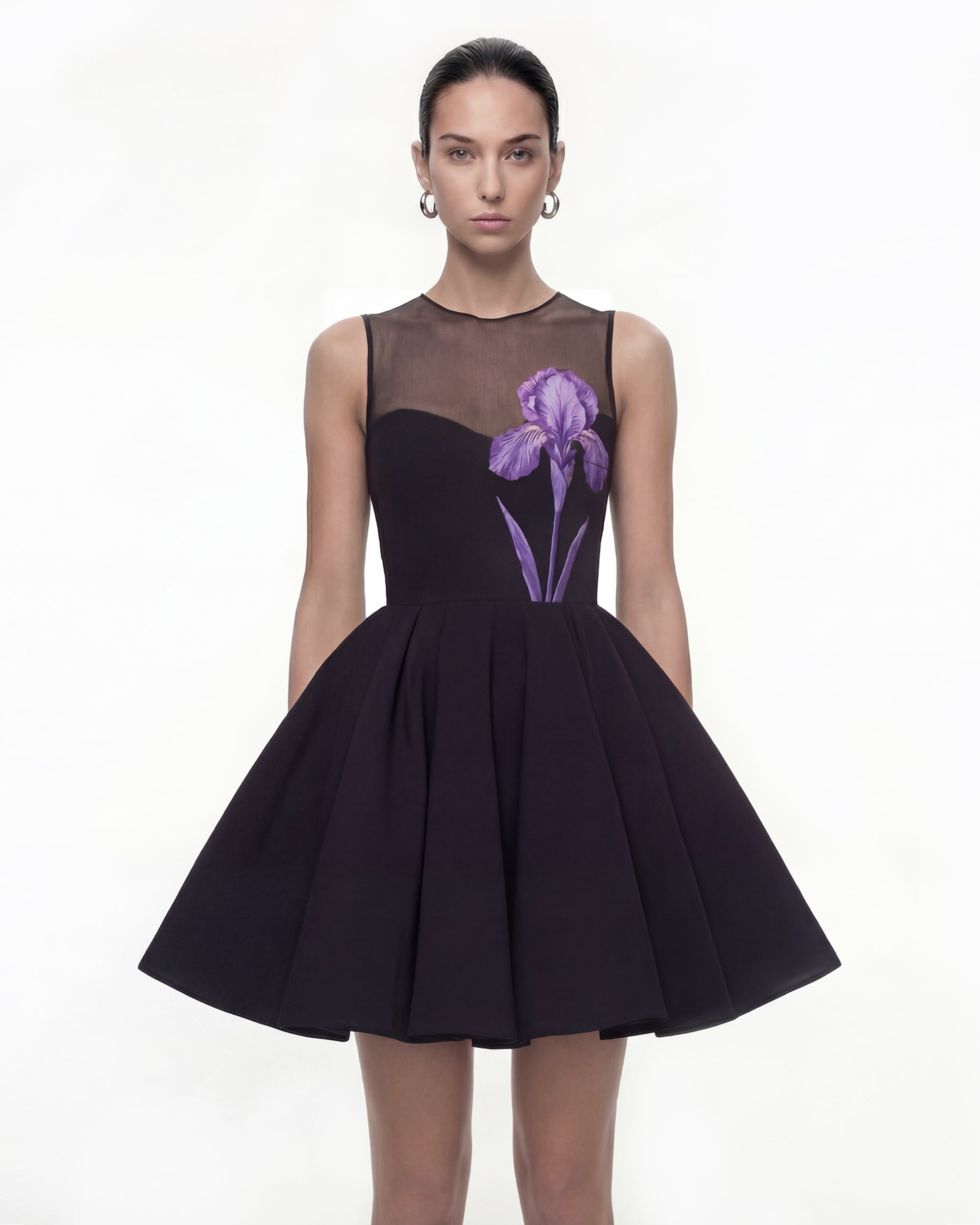 Iris Print Illusion Neck Flared Mini Dress - Black/Purple