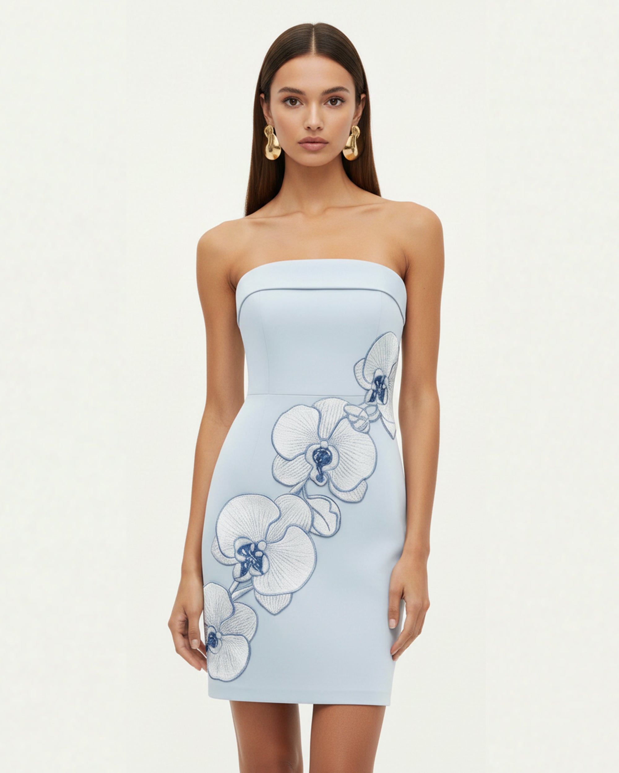 Orchid Embroidered Strapless Sheath Midi Dress - Light Blue