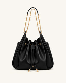 Rowan Ruched Drawstring Chain Bucket Bag - Black