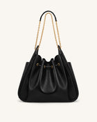 Rowan Ruched Drawstring Chain Bucket Bag - Black