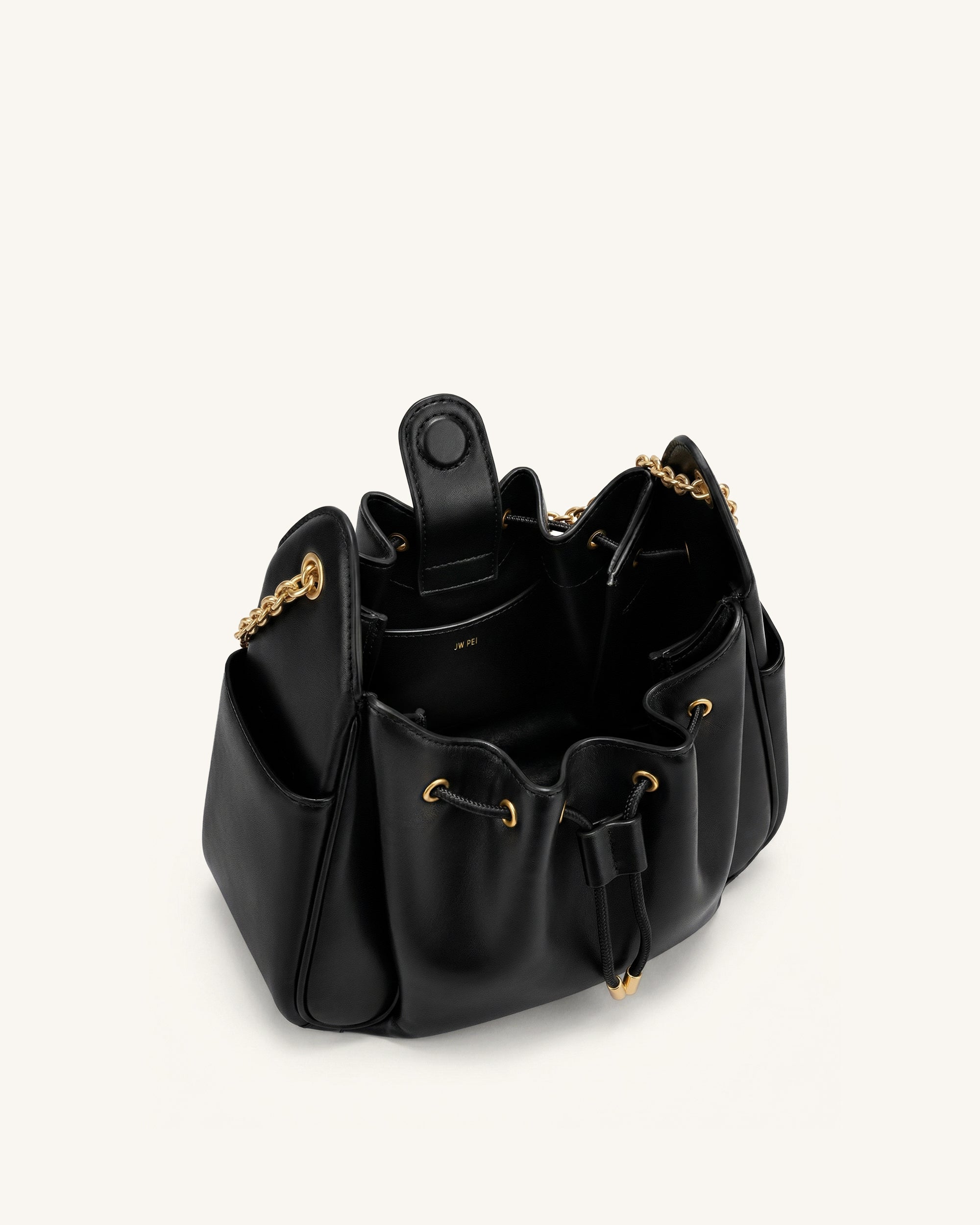 Rowan Ruched Drawstring Chain Bucket Bag - Black