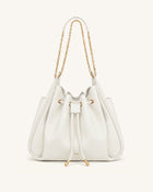 Rowan Ruched Drawstring Chain Bucket Bag - Ivory