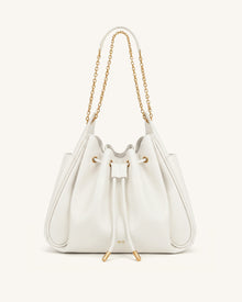 Rowan Ruched Drawstring Chain Bucket Bag - Ivory