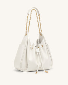 Rowan Ruched Drawstring Chain Bucket Bag - Ivory