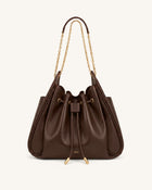 Rowan Ruched Drawstring Chain Bucket Bag - Brown