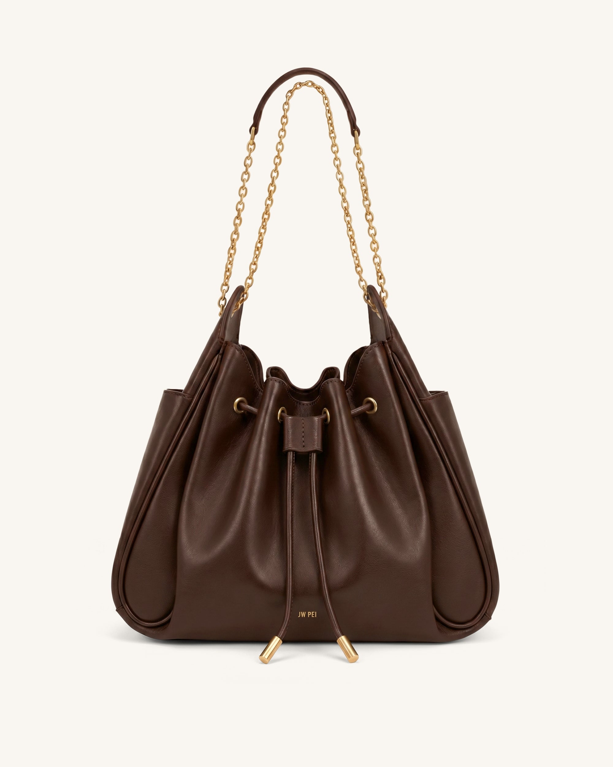 Rowan Ruched Drawstring Chain Bucket Bag - Brown